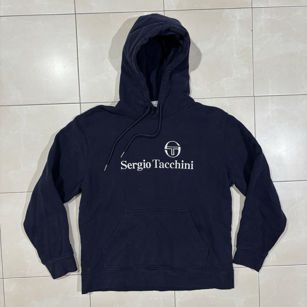 Sergio Tacchini Hoodie Sweatshirt Navy Blue Men's L Embroidered Italy Sopranos
